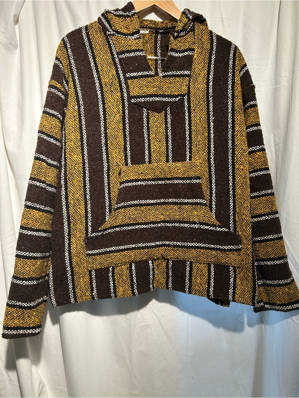 Men’s Baja Hoodie Brown Mustard Drug Rug Woven Pullover L/XL 90s Grunge